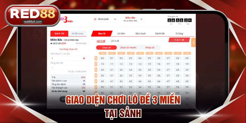 Giao diện chơi lô đề 3 miền tại sảnh